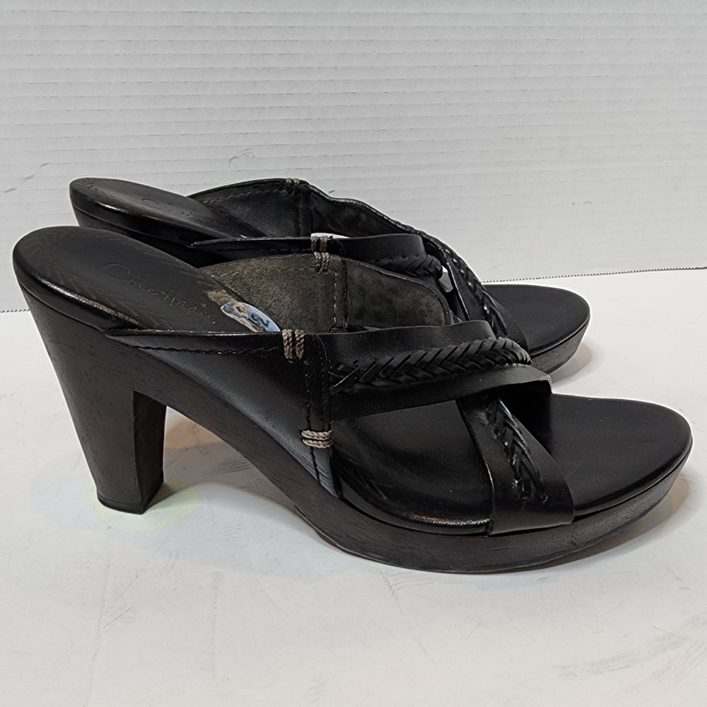 Cole Haan Black Leather Braided Slide On Heels Does Women's Size 7.5 7.5B